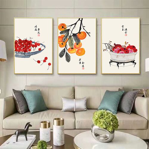 4016新中式g客厅装饰画风水招财沙发背景墙面餐厅玄关中国风三联
