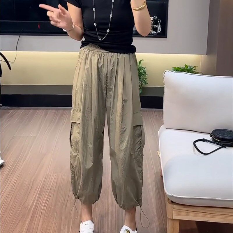 欧货2024年新款洋气轻薄速w干小个子工装裤高腰八分直筒阔腿伞兵