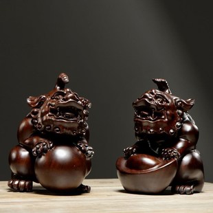 黑檀木雕獬豸摆件实木一对瑞兽家居客厅I办公室柜台摆设红木工艺