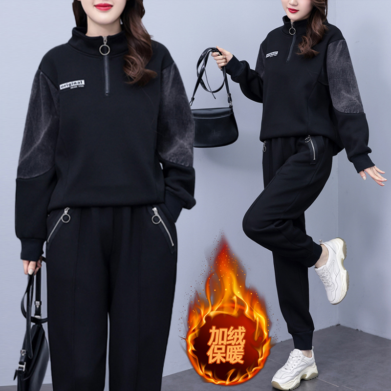 大码冬季新款加厚立领宽q松长袖卫衣拼接牛仔裤子女休闲运动套装
