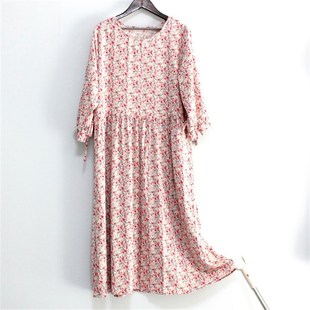 夏季 超X薄凉爽佰汇 绵绸连衣裙碎花人造棉睡裙棉绸长裙花边七分袖