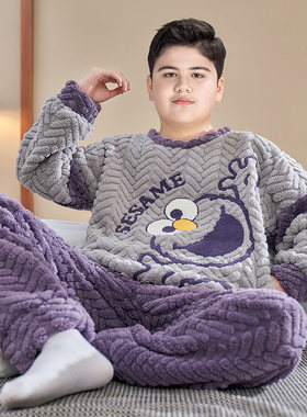 男胖童家居服套装加肥加大儿童睡衣法兰绒秋装2024新款青少年衣服