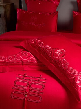 婚庆四件套新婚纯棉100床单被套大红色结Q婚房床品68十件套