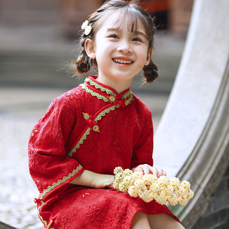 女童旗袍女孩秋冬季中式民国古风改良宝宝红色礼服儿童走秀演出服