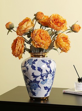 青花瓷浮雕牡丹花瓶新中式客厅玄关高端民宿桌面插花花器书房装饰