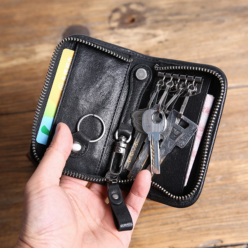 真皮钥匙包男士大容量植鞣皮高级感汽车锁匙扣头层牛皮拉链零钱包