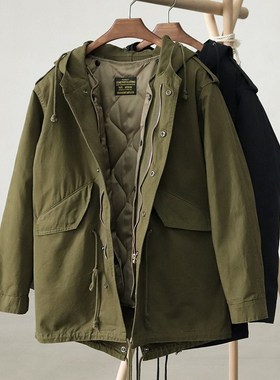 M51中长款风衣男绗缝r内胆保暖军绿色美式复古棉服大衣连帽外套