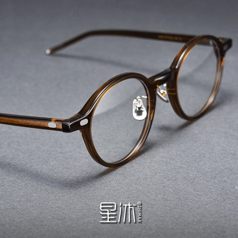 复古超轻圆框手造板材近视眼镜框男款文艺大脸女茶色防蓝光钛鼻托