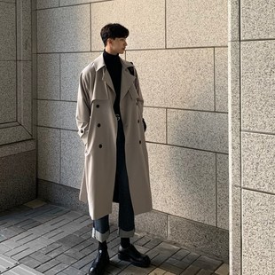 韩版 加厚休闲大 风衣男中长款 潮流o宽松过膝英伦双排扣外套秋冬季