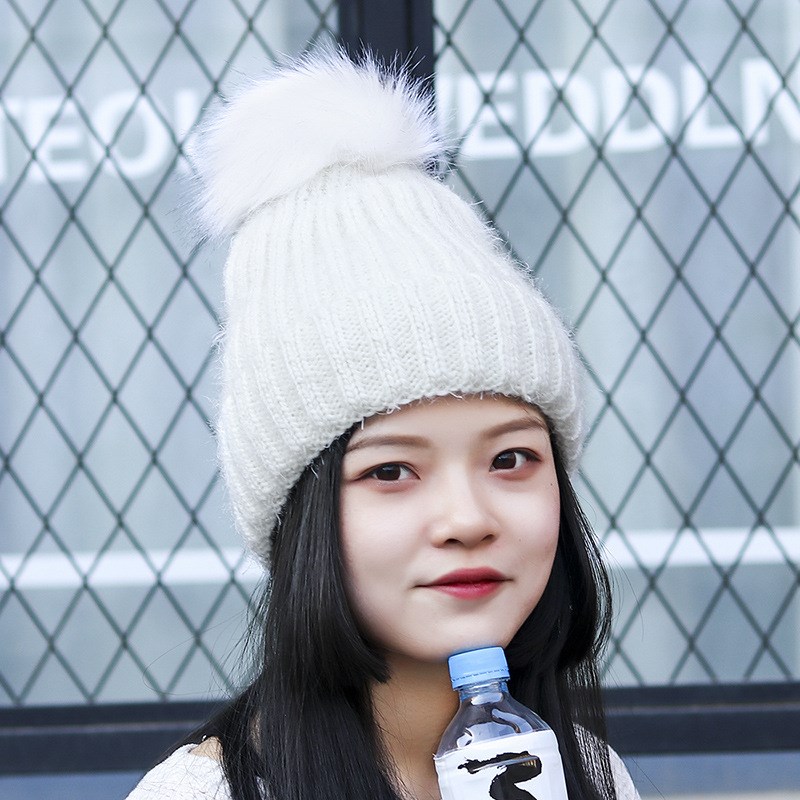 冬季亮丝毛线帽简约光板毛球针织帽冬天女士骑车加绒保暖护耳帽子
