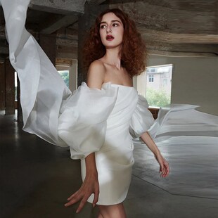 一字肩轻婚纱法式简约高级感复古气质出门纱迎宾小个Y子短款小礼
