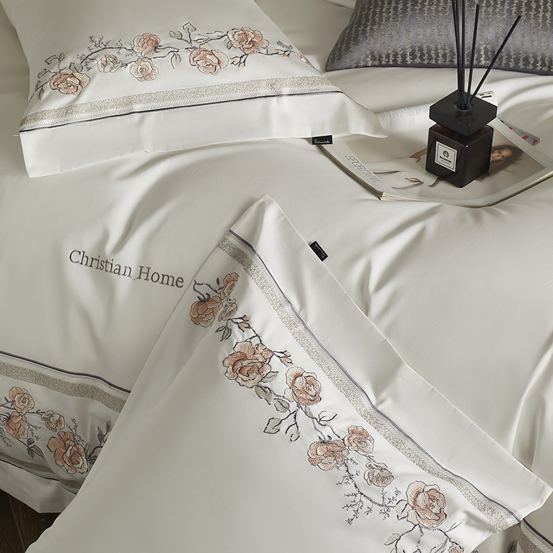 浪漫轻法式100支超柔全棉四件套玫瑰刺绣宽边被套国风纯棉超柔