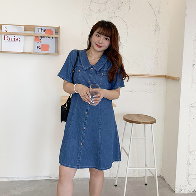 加大码女装2021新款胖mum翻领撞色显瘦遮肉牛仔连衣裙90340