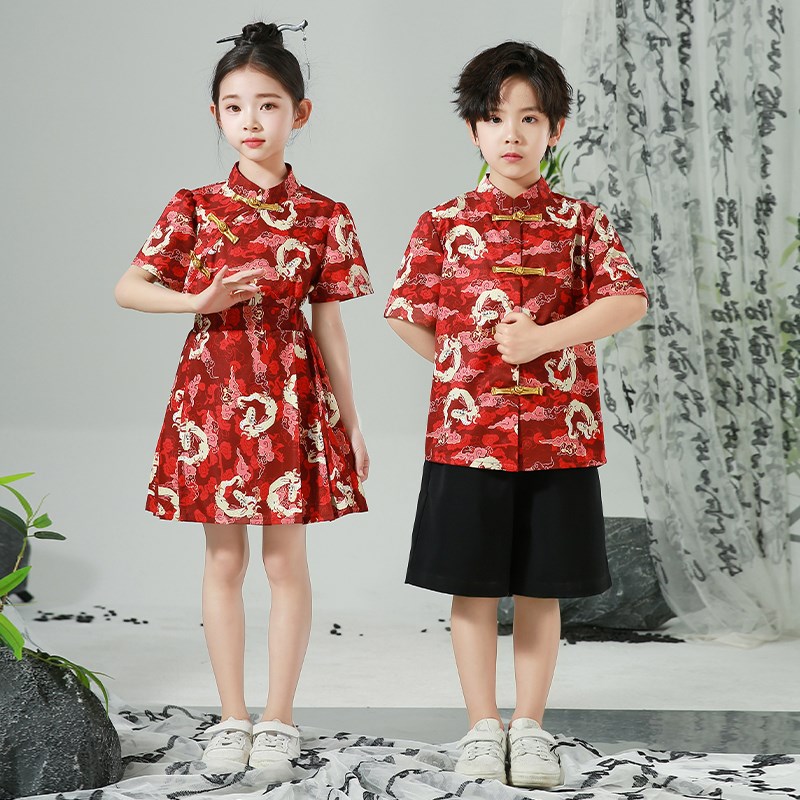 儿童中国风演出服男女童唐装旗袍套装合唱服幼儿园六一表演服装潮