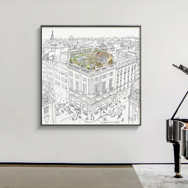 屋顶花园素描手稿梁思成建筑线z条装饰画现代简约正方形客厅挂画图片