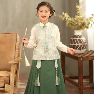 儿童汉服2024春季新款中国风复古子母扣马甲内衫三件套汉服马面裙