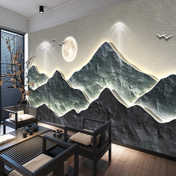 3d立体新中式茶室餐厅背景定制浮墙纸办公室背有靠山水壁画