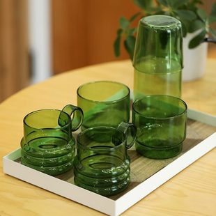 套装 茶杯喝水 绿色家用牛奶杯水杯办公室小清新耐热高杯套硼硅