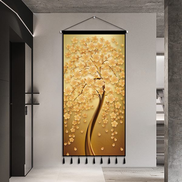 黄金发财树装饰画客厅玄关挂毯挂画布艺背景墙挂布背景布装饰布画图片