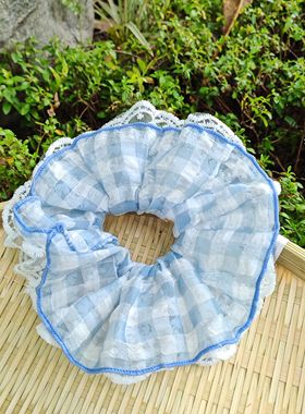 【夏日小清新】韩系蕾丝新款蓝色格子四层头花发圈气质大肠圈头花