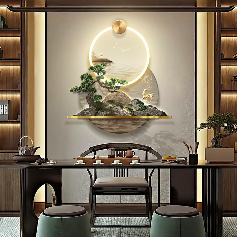 3D立体发财树入户玄关装饰画轻奢led新中式山水挂画茶室壁画图片