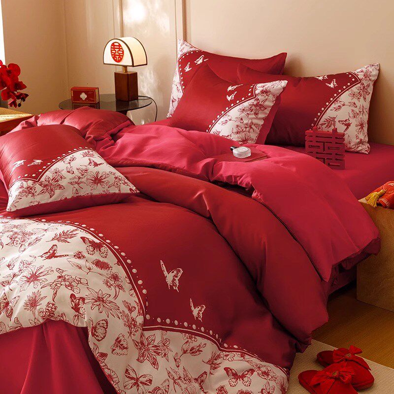 中式结婚四件套大红色陪嫁床单被套L婚庆床上用品婚房喜被,床上用品,婚庆床品套件,淘宝优惠券,粉丝福利购,淘宝优惠卷