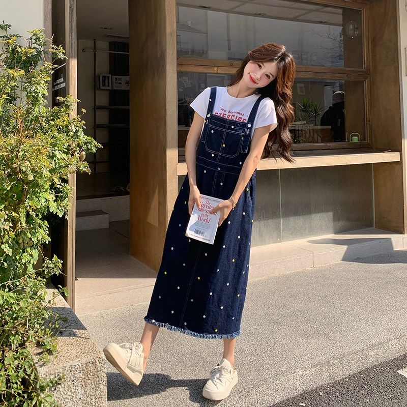 彩色波点牛仔背带裙m女2025夏季新款学院风超好看小个子减龄两件