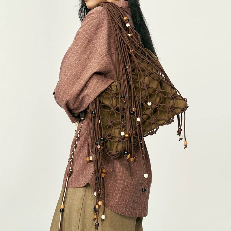 2025新款时尚百搭流苏编织串珠网兜G包小众质感夏季手提单肩包包,箱包皮具/热销女包/男包,通用款女包,淘宝优惠券,粉丝福利购,淘宝优惠卷