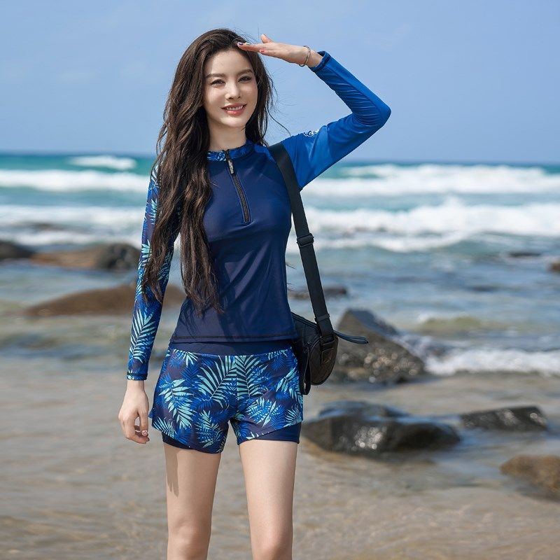 泳衣女2025新款保守分体长袖遮肚显瘦大码平角裤泡温Y泉游泳馆泳