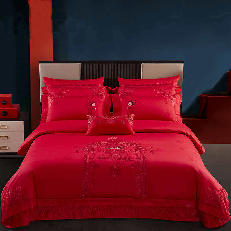 100支全棉结婚四件套新婚大红色刺绣床J上用品婚庆六多件套喜被子,床上用品,婚庆床品套件,淘宝优惠券,粉丝福利购,淘宝优惠卷