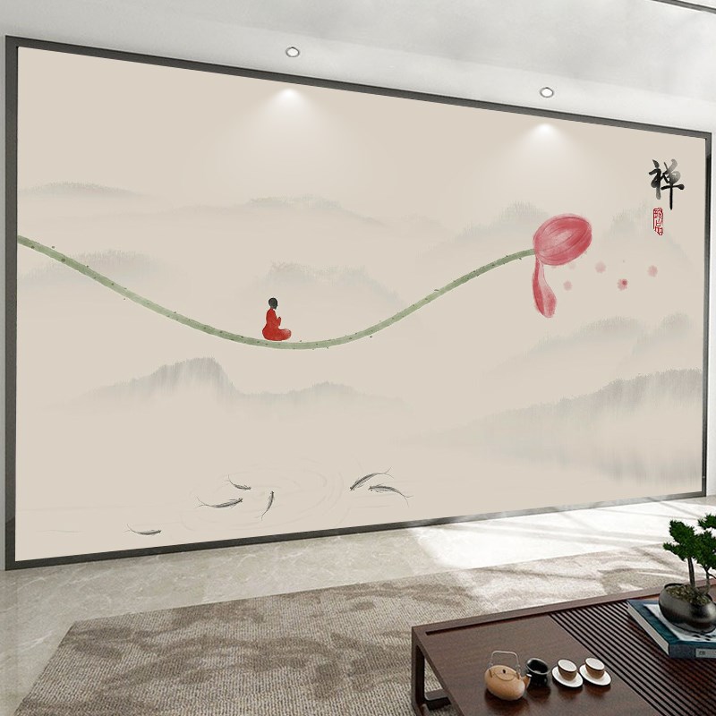 壁画定制3d立体中式意境荷花电视背景墙壁纸客厅S壁布装饰墙布墙图片