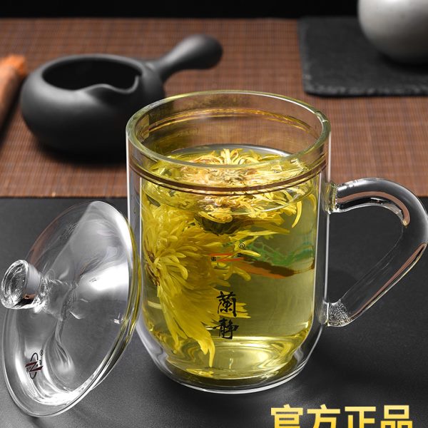 诺亚带把家用茶杯透明带盖耐高温手工水晶高档办公圆形双层玻璃杯