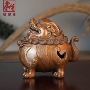 纯紫铜瑞兽香薰朝天吼香道装 铜聚德 饰狻猊香炉盘香摆件