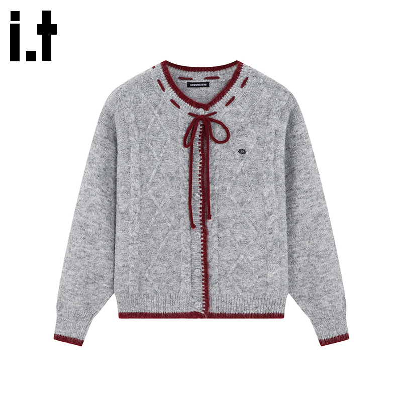 i.t GROUNDZERO韩系2025秋冬灰色圆领纽扣开衫撞色长袖毛衣针织女