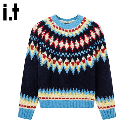 i.t GROUNDZERO2025秋冬撞色拼接条纹长袖毛衣外套针织衫女