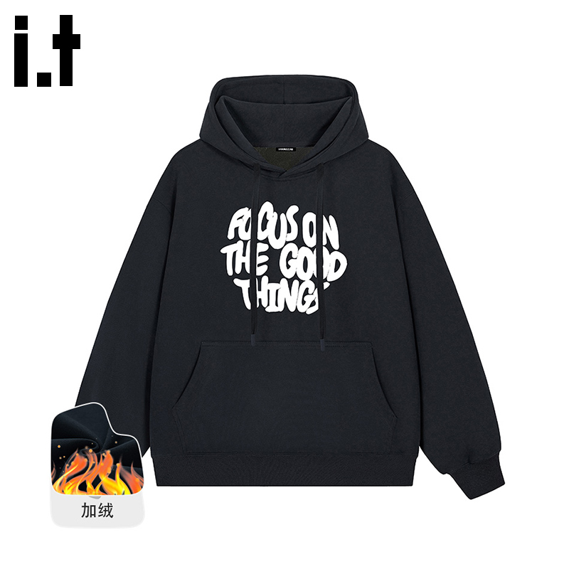 itGROUNDZERO2025秋冬加绒宽松街头字母连帽长袖卫衣上衣情侣款男