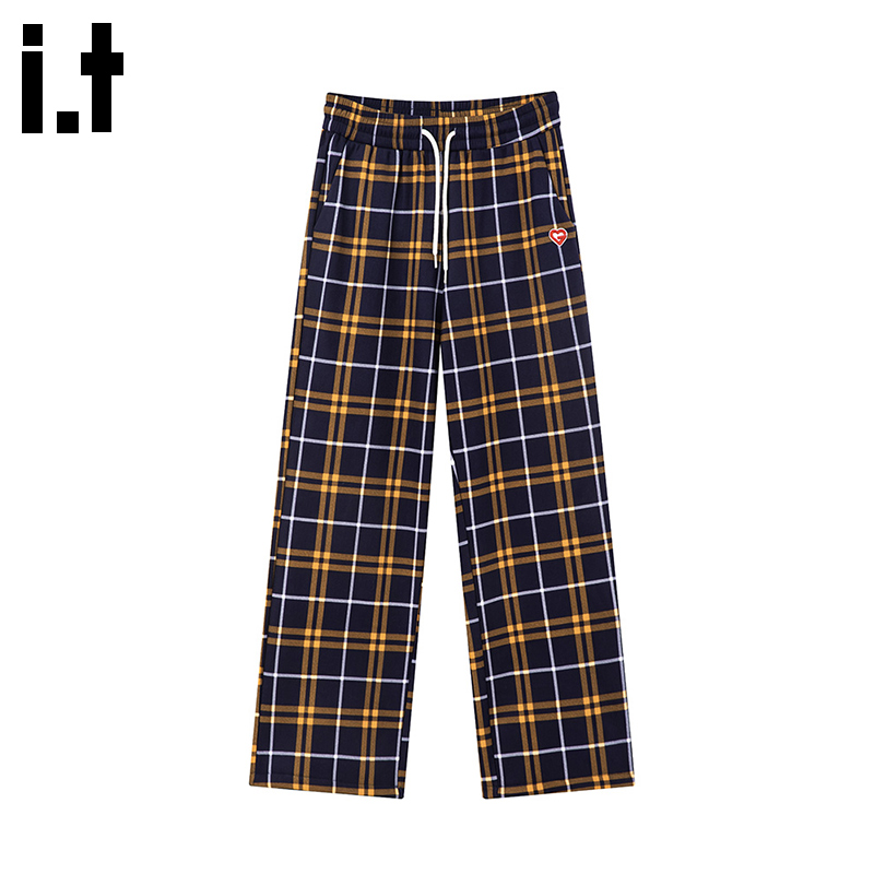 itGROUNDZERO秋冬加绒保暖格子高腰直筒垂感磨毛休闲裤腿长裤子女