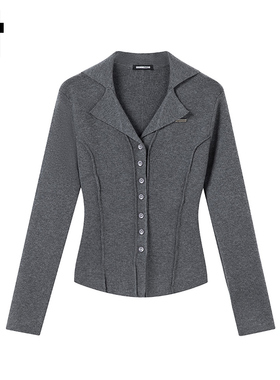 i.t GROUNDZERO韩系修身长款西装领翻领百搭灰色针织开衫上衣女