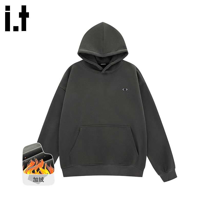 itGROUNDZERO2025秋冬加绒休闲个性字母连帽长袖卫衣情侣款男上衣