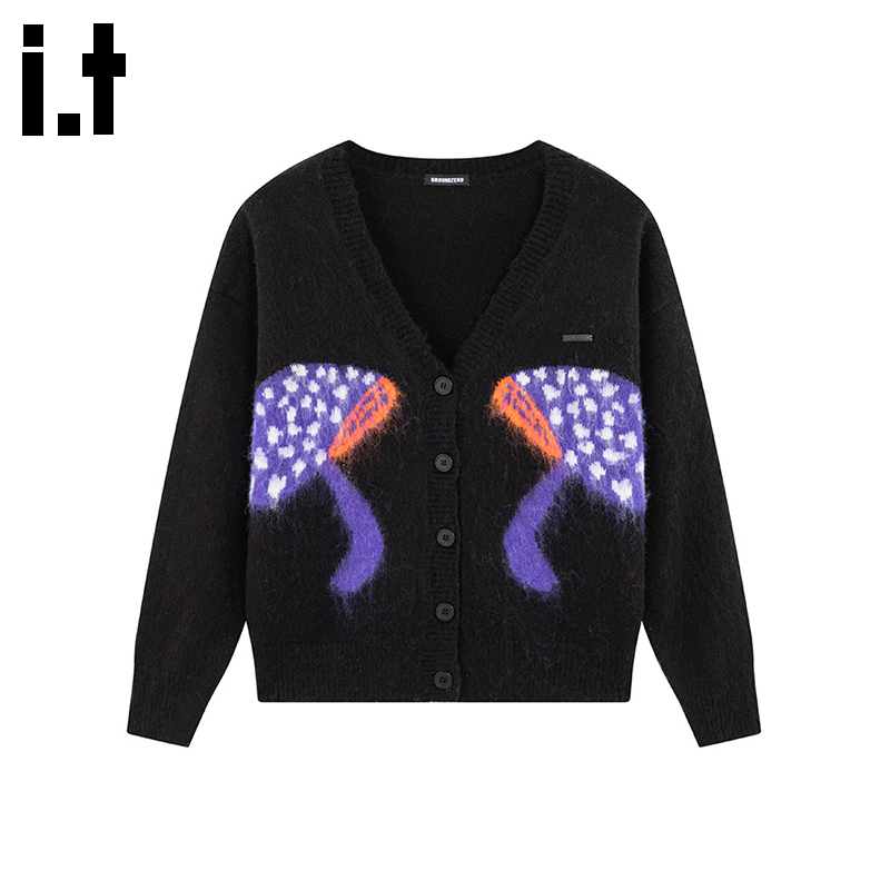i.t GROUNDZERO韩系2025秋冬V领黑色蘑菇开衫长袖毛衣针织开衫女