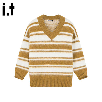 i.tGROUNDZERO2025秋冬个性保暖V领黄色条纹打底毛衣长袖卫衣上衣