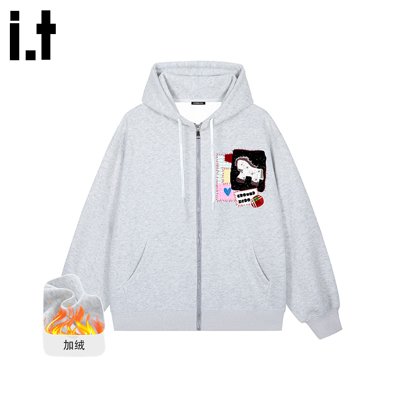 itGROUNDZERO2025秋冬加绒小马情侣款浅灰色拉链连帽长袖卫衣上衣