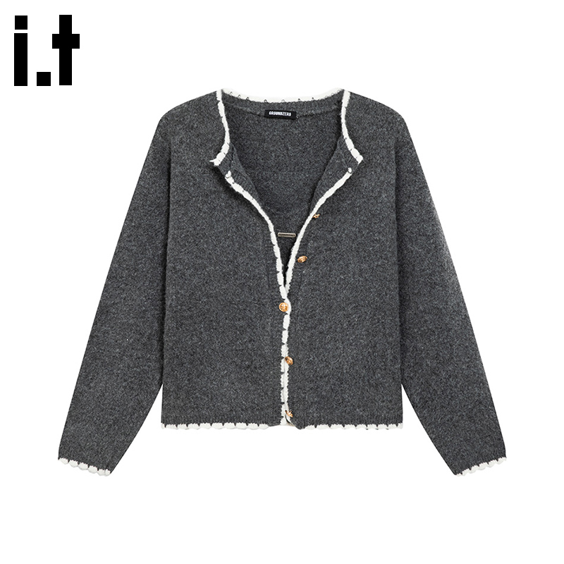 i.tGROUNDZERO韩系两件套装深灰色圆领开衫毛衣针织衫长袖女上衣