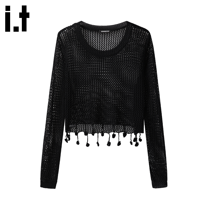 i.t GROUNDZERO2025新款休闲丝网空调微透长袖吊带针织衫女上衣