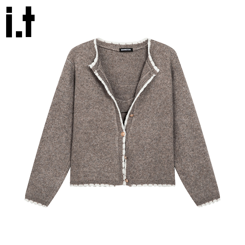 i.tGROUNDZERO韩系两件套装咖啡色圆领开衫毛衣针织衫长袖女上衣