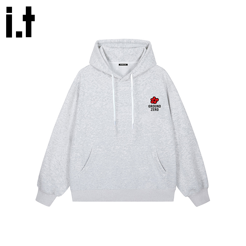 i.t GROUNDZERO韩系2025秋季刺绣小花浅灰色连帽长袖印花卫衣上衣