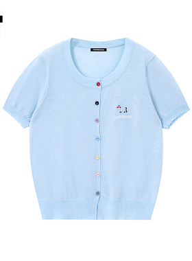 i.t GROUNDZERO韩系GZO时尚刺绣针织衫纯蓝色简约休闲短袖上衣女