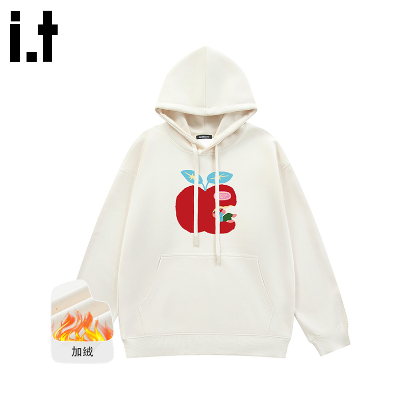 itGROUNDZERO2025秋冬加绒红苹果宽松型情侣款连帽长袖卫衣上衣