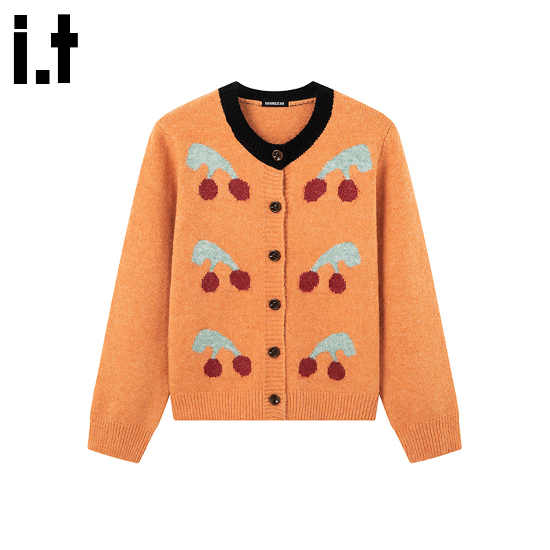 i.t GROUNDZERO2025秋冬毛衣橘色撞色拼接纽扣开衫长袖针织衫女