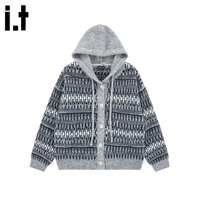 i.t GROUNDZERO韩系2025秋冬灰色连帽撞色长袖毛衣针织开衫女